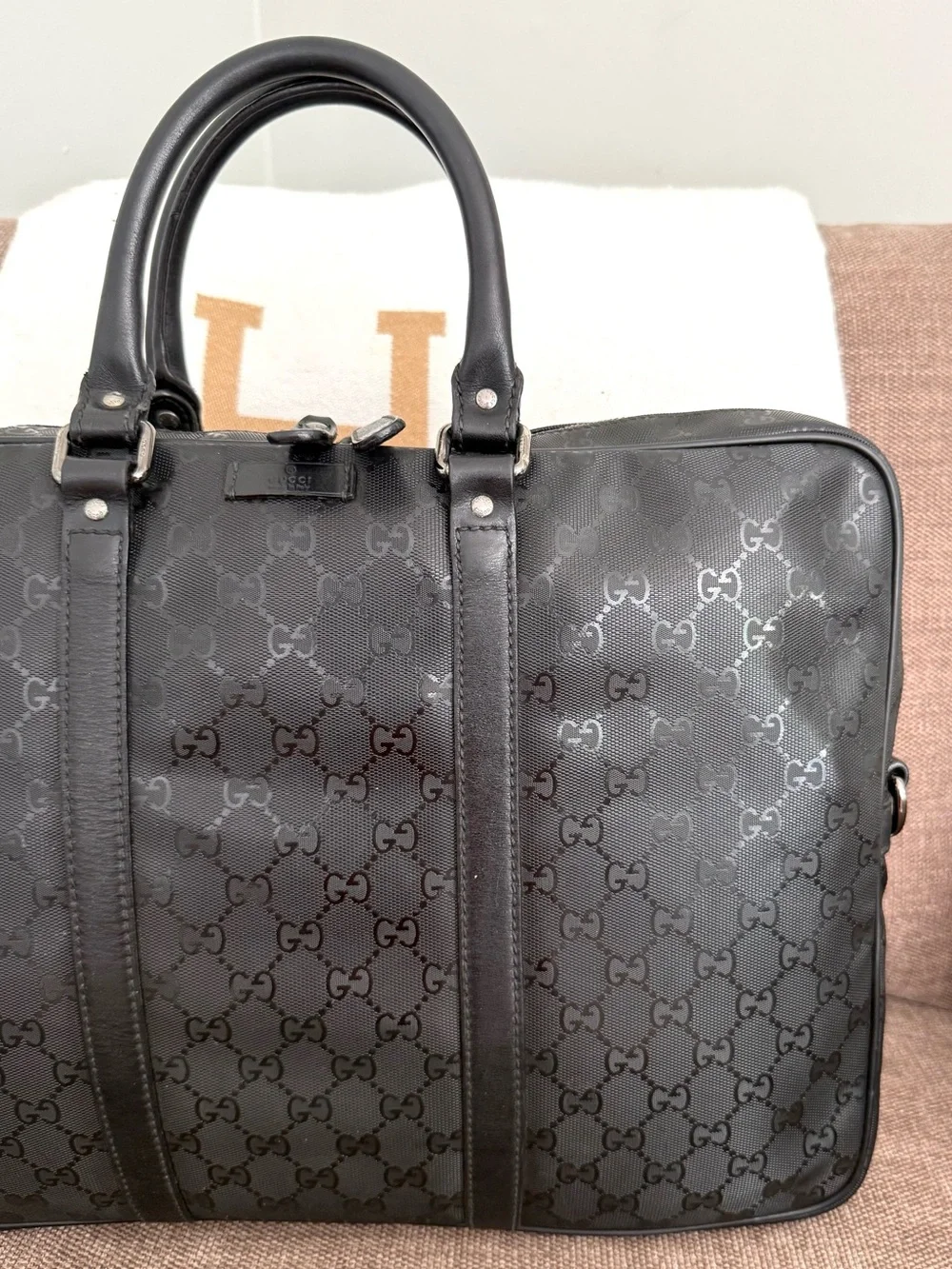 Gucci authentic black monogram imprime coated canvas unisex laptop bag